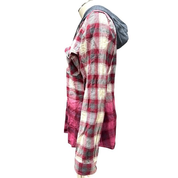 Empyre Hooded Plaid Flannel Shirt Jacket Burgundy Gray Ombre Hoodie Skate Street - Picture 3 of 11